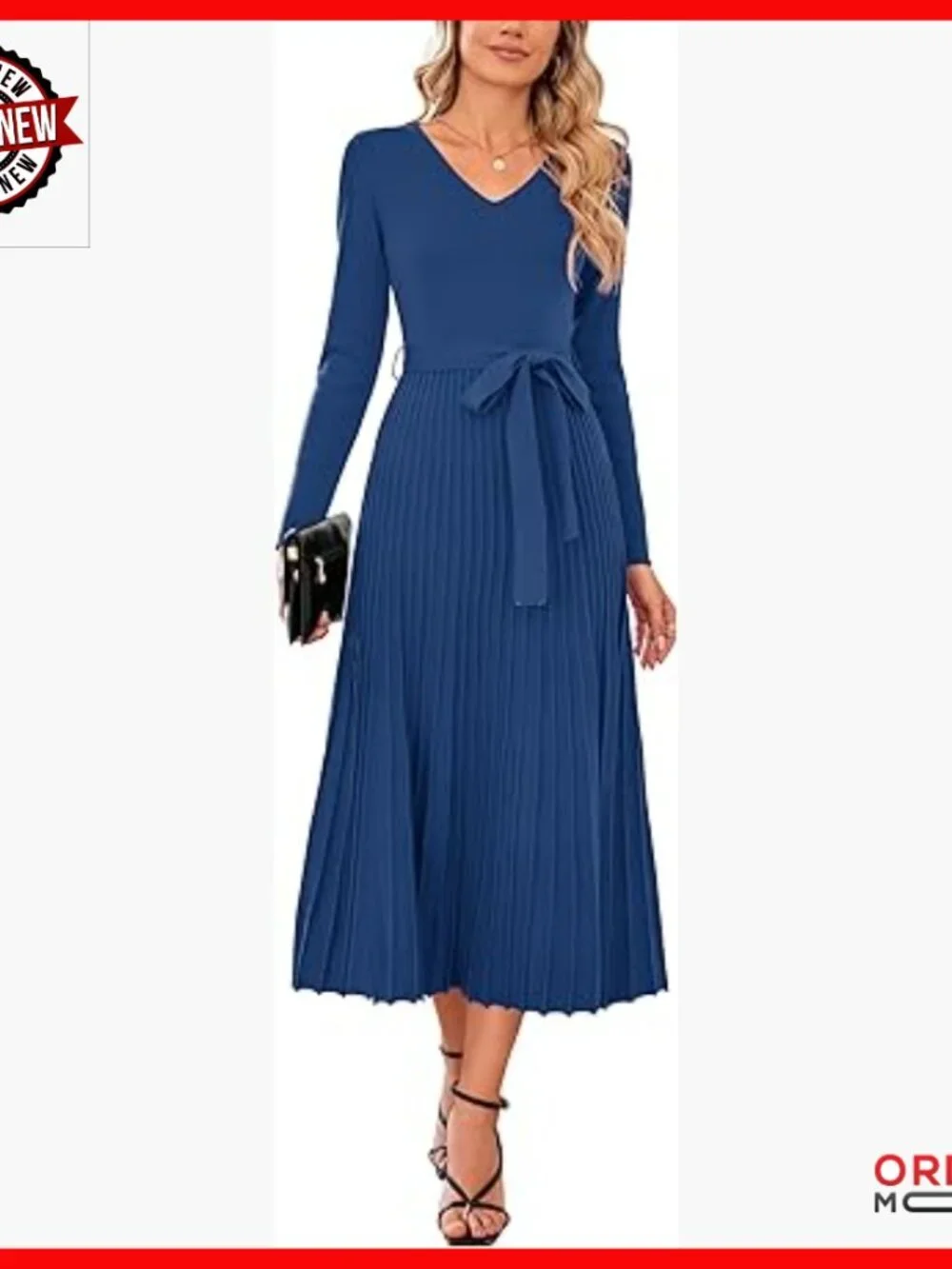 Wool Blend Tie Waist Pleated Sweater Dress Long Sleeve V Neck A Line